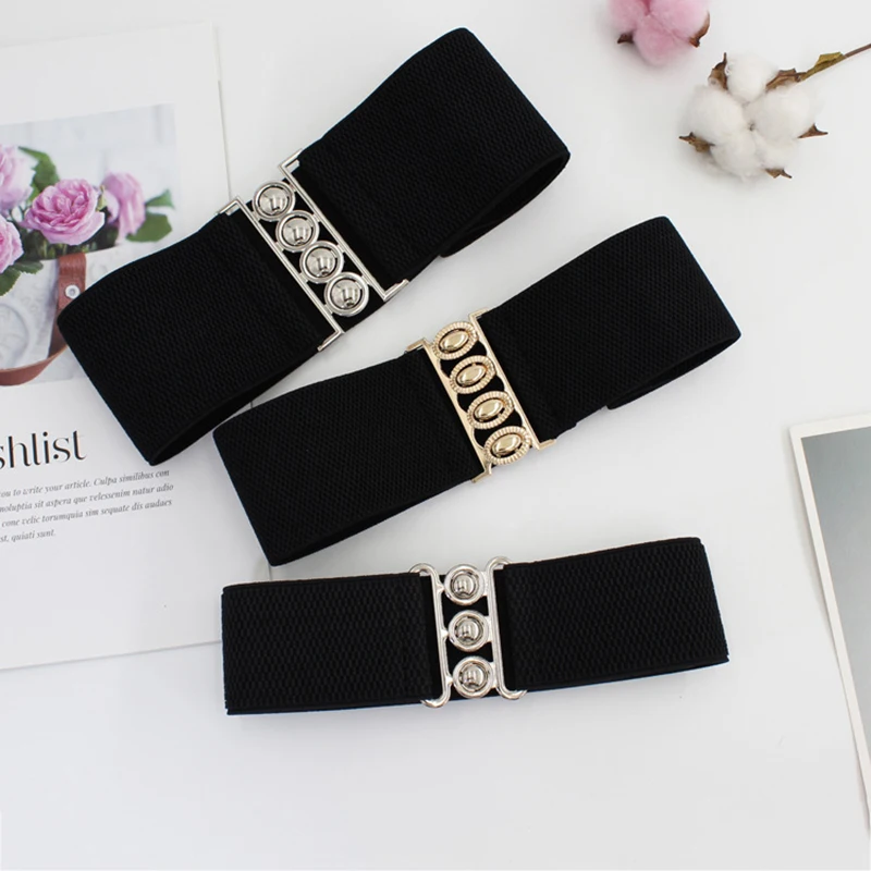 Women\'s Wide Elastic Waist Belt Fashion Simple Metal Buckle Waistband Corset Cinch Belt Dress Stretchy Belts