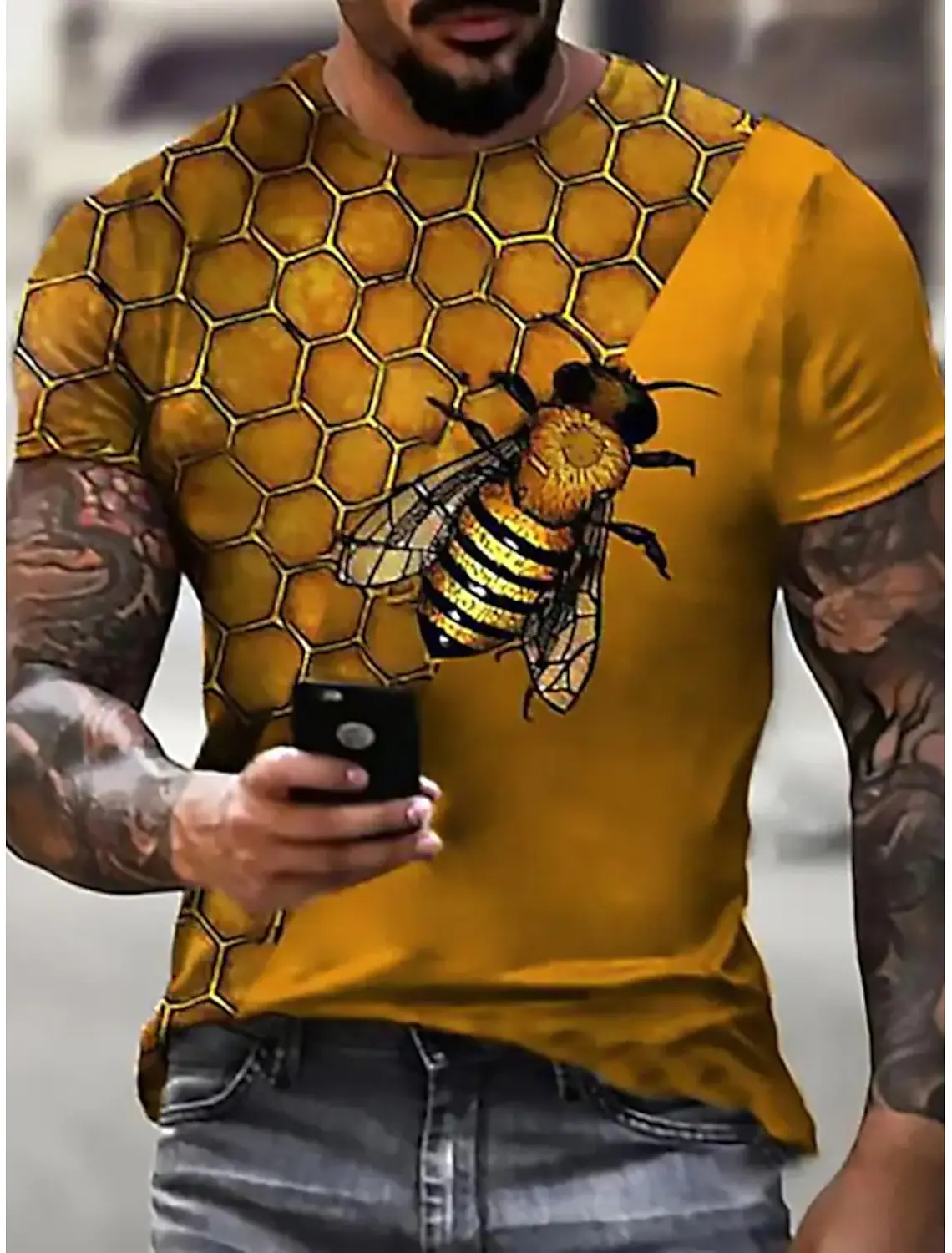 Men Bee Honeycomb 3D Print T‑Shirt Creative Insect Honey Grid Graphic Short Sleeve Tee Casual Fashion Streetwear Tops For Men