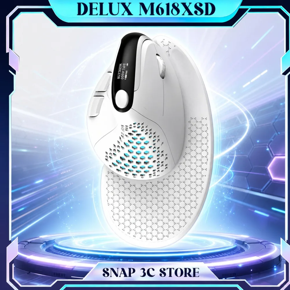 Delux M618XSD Seeker Ergonomic Vertical Mouse 4000DPI Rechargeable 1000mA Removable Back Cover with OLED Screen Mice PC