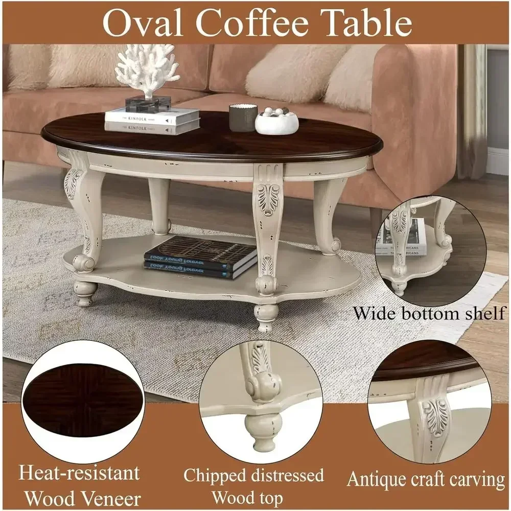 3-Piece Coffee Table Set with Two Side Tables - Antique White and Cherry Top