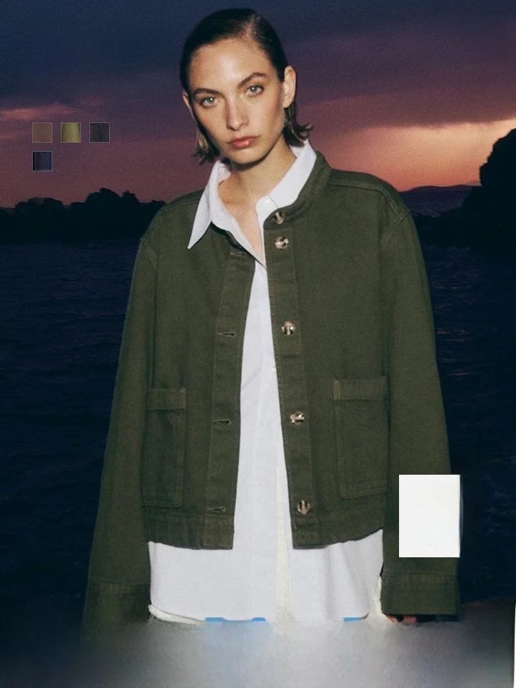 

H&M Women's ort Jaet Button up Stand Collar Silhouette Miu Sle Spring Outerwear Simple Cotton Stand Fit 282397