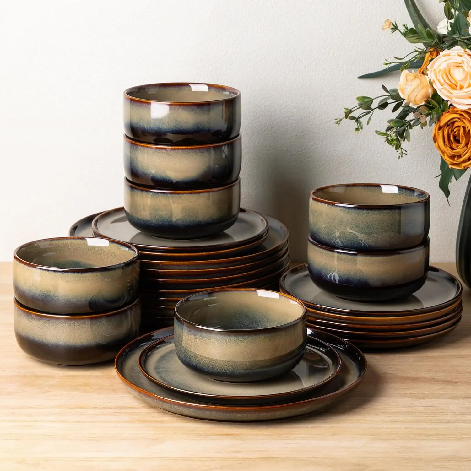

24-Piece Ceramic Dinnerware Set for 8, Handmade Reactive Glaze Plates & Bowls, Oven Microwave Dishwasher Safe