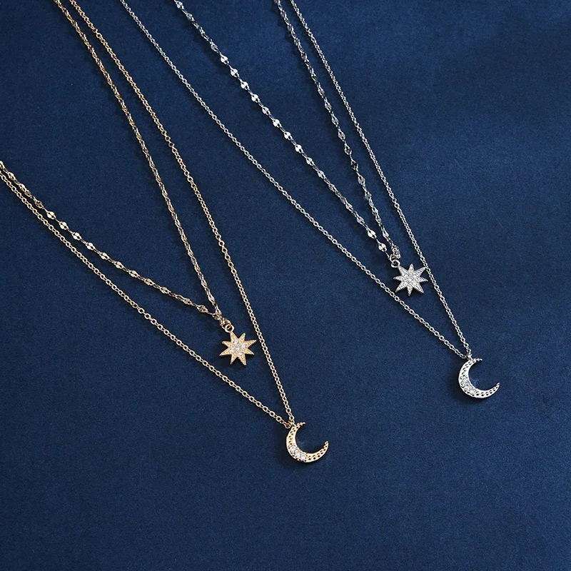 Hot  Sterling Silver Double Layer Simple Stars Choker Shiny Zircon Moon Pendants Necklaces