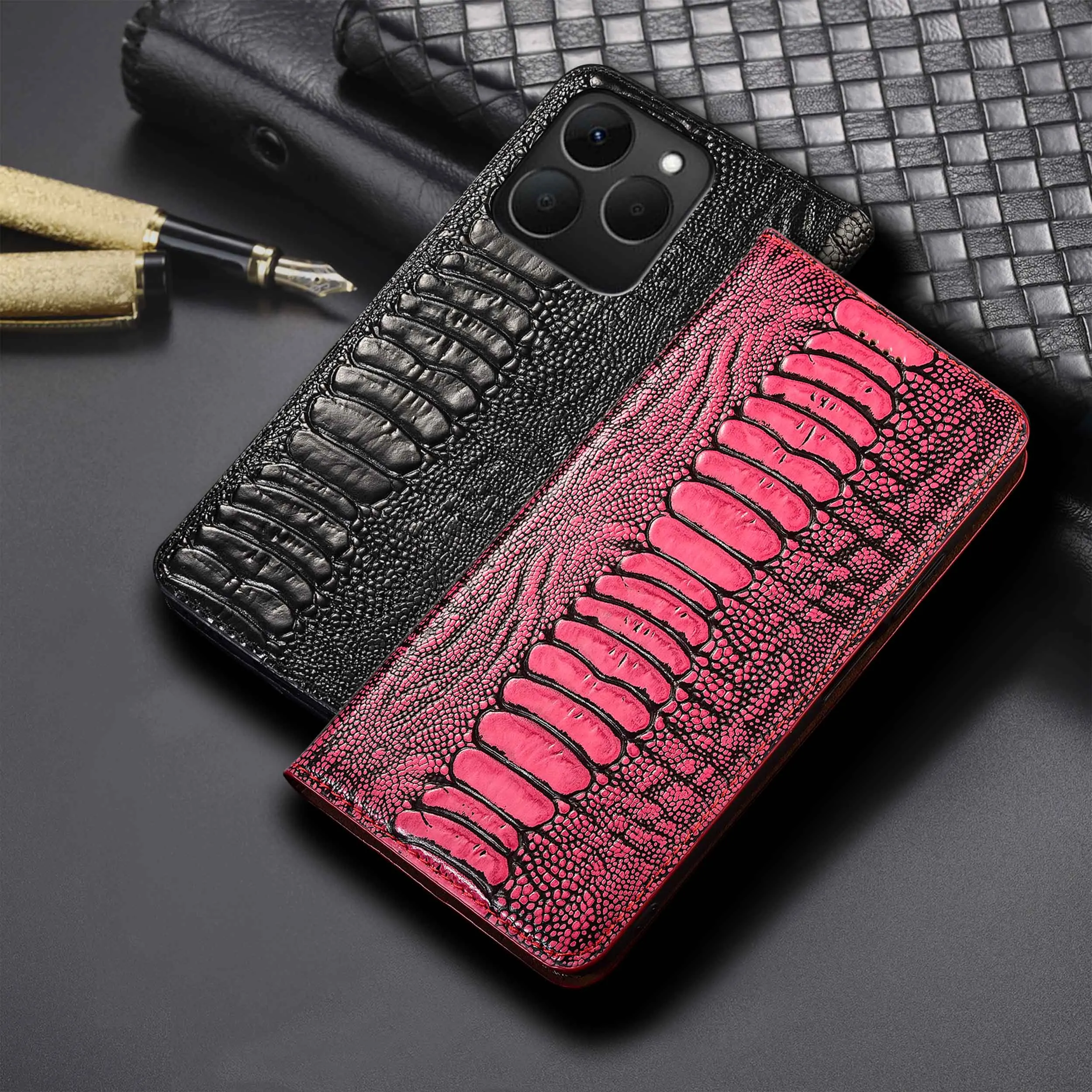 

Для Realme 11 12 13 14 14T 15 4G 5G Pro Plus узором страусиных ног, натуральная кожа, кошелек, откидной чехол для телефона, нескользящий чехол из воловьей кожи