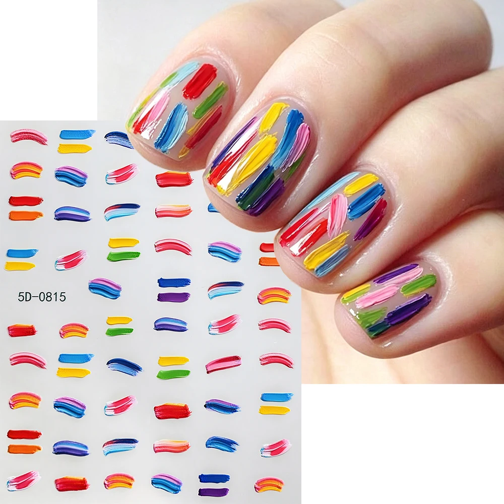 1pcs colorful 5D Paint Brush Stroke Nail Stickers Y2K Embossed Abstract Oil Painting Texture Nail Decals DIY Summer Dopamine dec