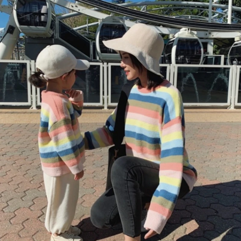 

Mother And Son Sweaters Mom And Daughter Equal Knit Jumper Tops Women Autumn Pullover Baby Girl Boy Rainbow Knitwear Clothes