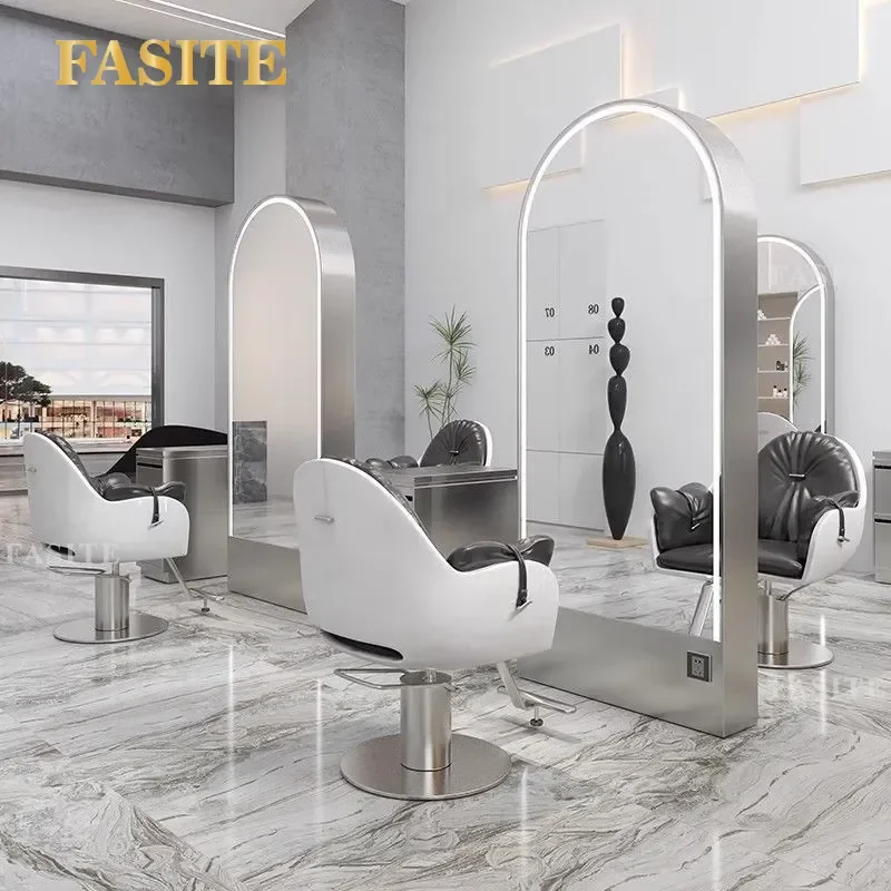 For Hair Double Sided Floor Mirror with Light Stainless Steel Barber Shop Cutting Table Simple Style