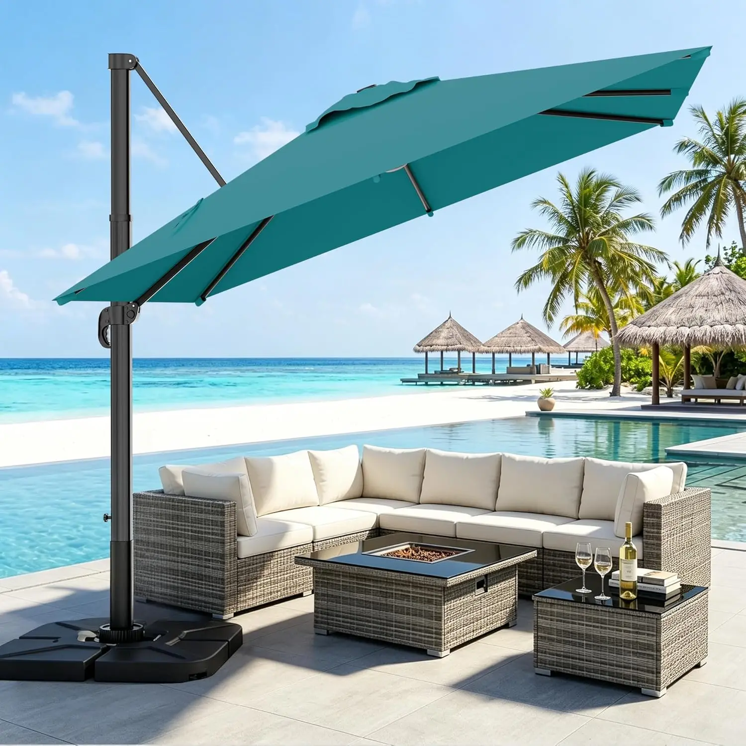 

10 × 10FT Square Cantilever Patio Umbrella with Base Included, 360° Rotation Offset Outdoor Umbrella, 5 Tilt Settings Heavy Dut