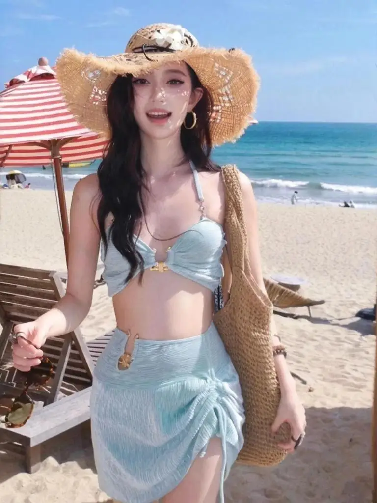 

Высококачественный комплект бикини из трех предметов: пляжный костюм для женщин с юбкой, сборчатый, новинка 2025 года, для плавания, полиэстер, нейлон, лайкра