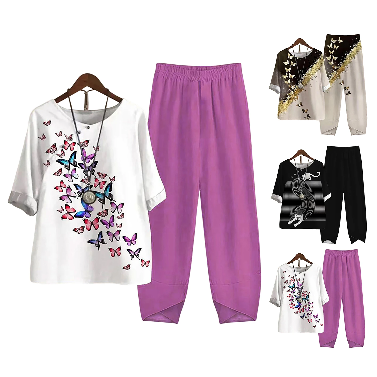 Women Tops Pants Suit Leisure Women Blouse Pants Set Mid Waist Colorful Pattern Stylish Full Length Spring Tops Suit