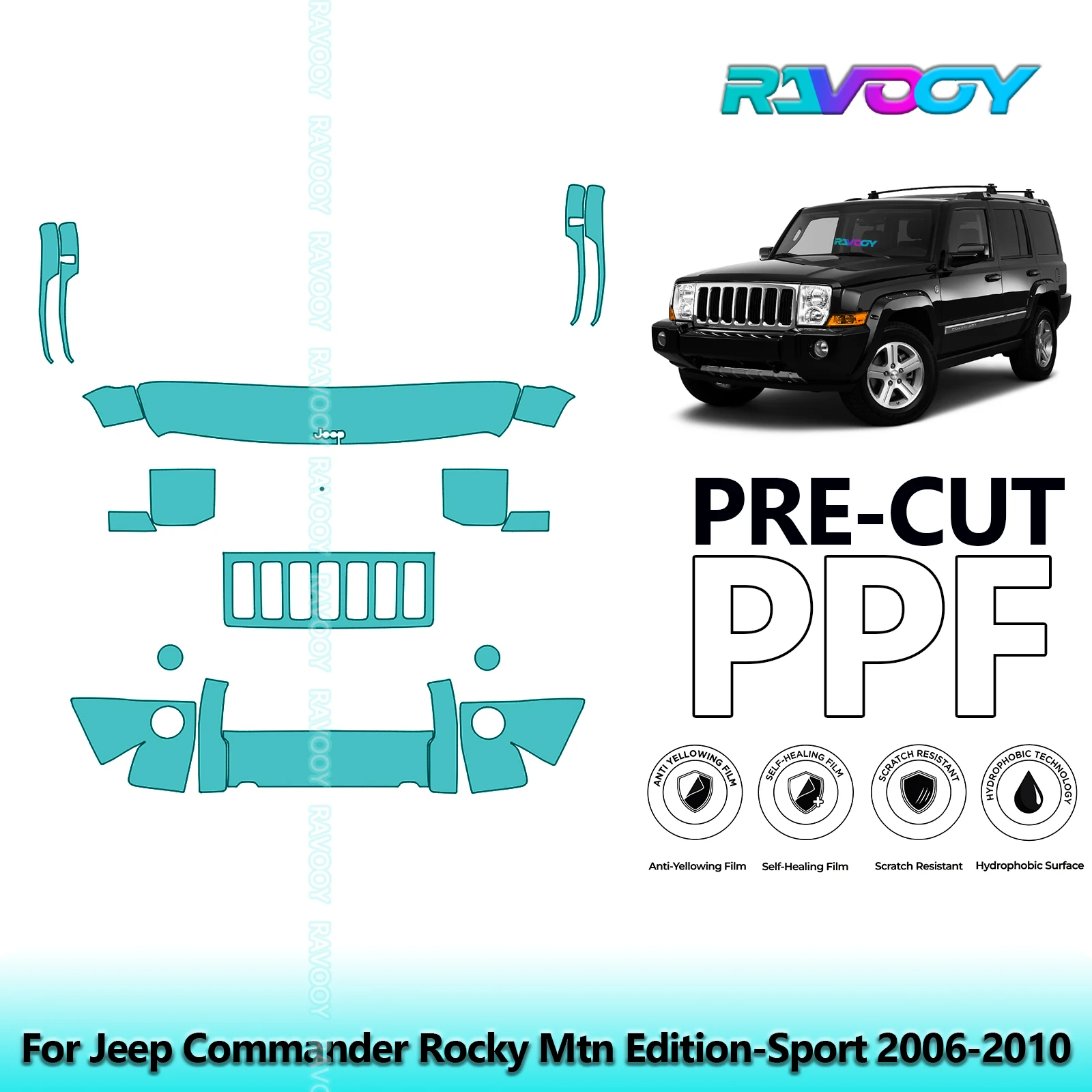 For Jeep Commander Rocky Mtn Edition-Sport 2006-2010 Partial Front Pre-Cut Paint Protection Film PPF Kit | Clear/Matte/Black