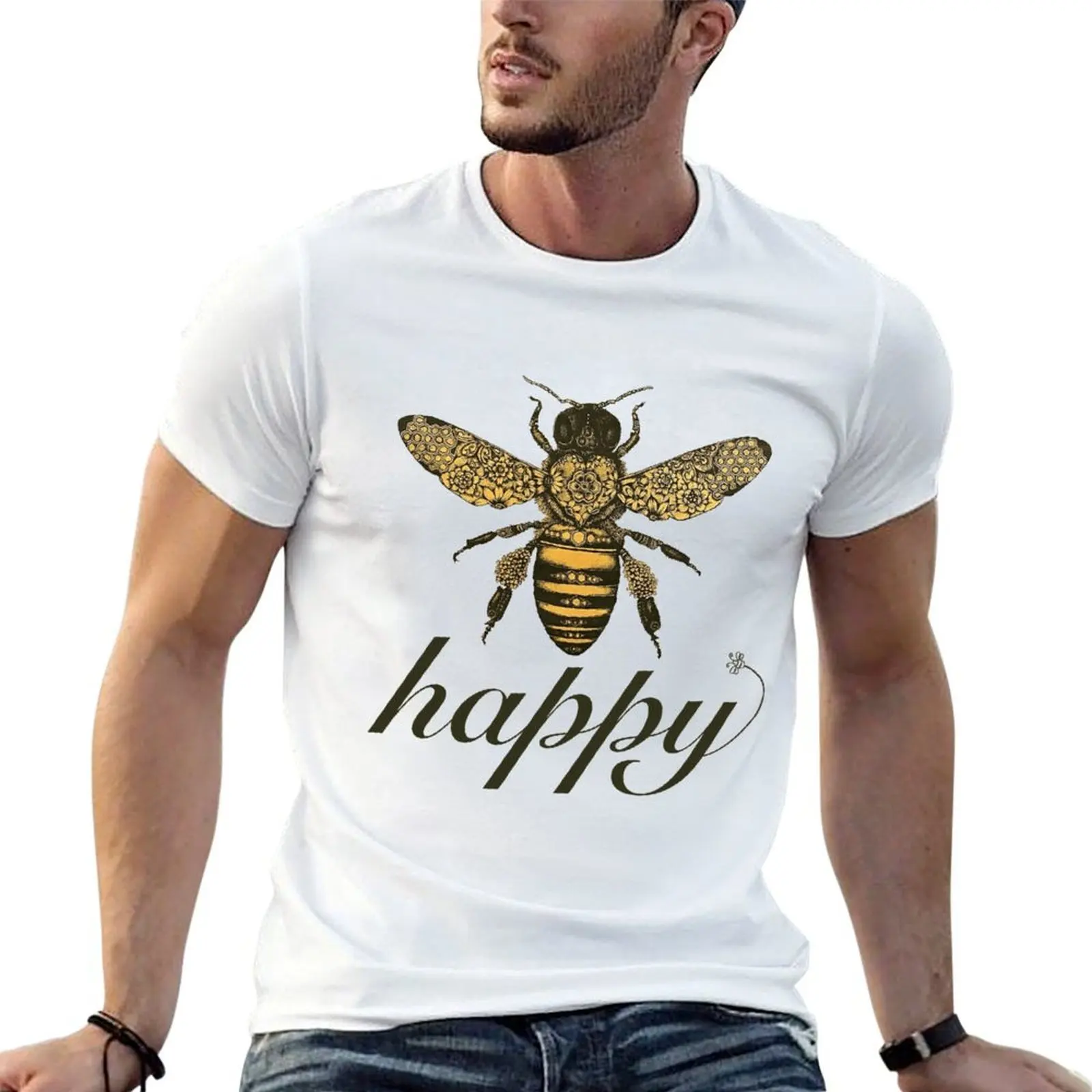 

Bee Happy T-Shirt t shirts for man graphic tees funny t shirts cotton t shirt man designer T-shirt