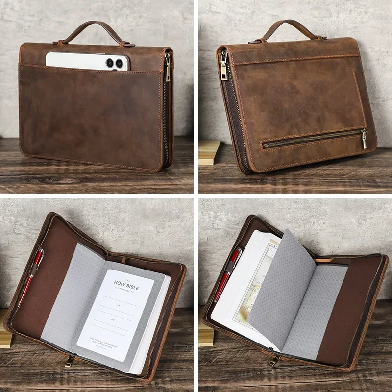 Funda de cuero Retro de lujo para cuaderno, funda de cuero hecha a mano con cremallera, suministros escolares de oficina y negocios, papelería