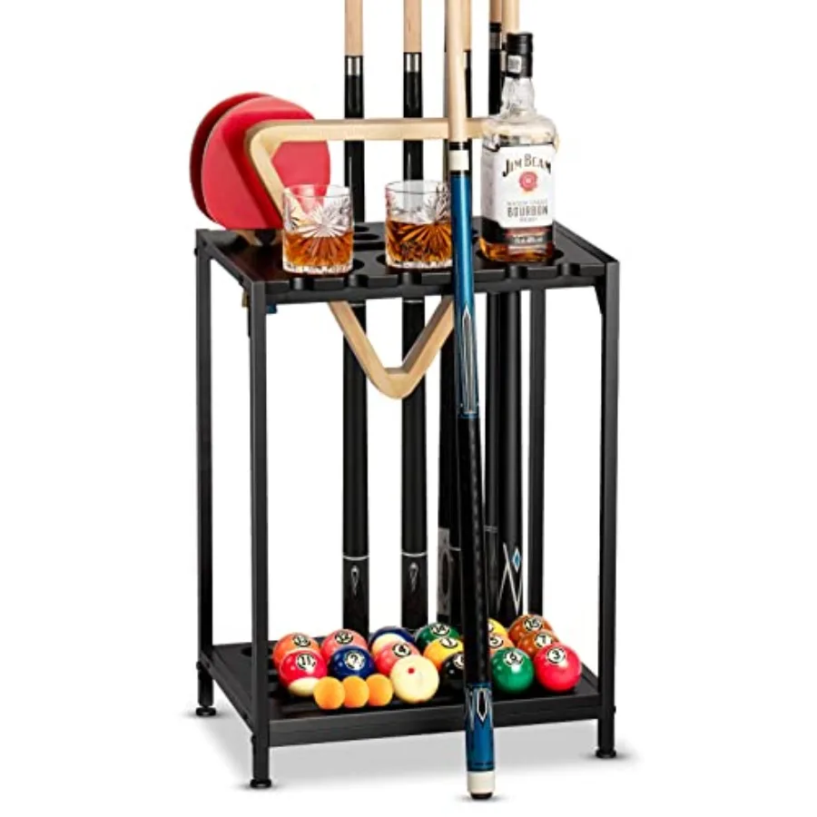 

Billiards Pool Stick Holder - Pool Cue Rack Floor Stand and Ping Pong Paddle Holder Hardwood Pool Cue Holder for 12 Cues Sticks
