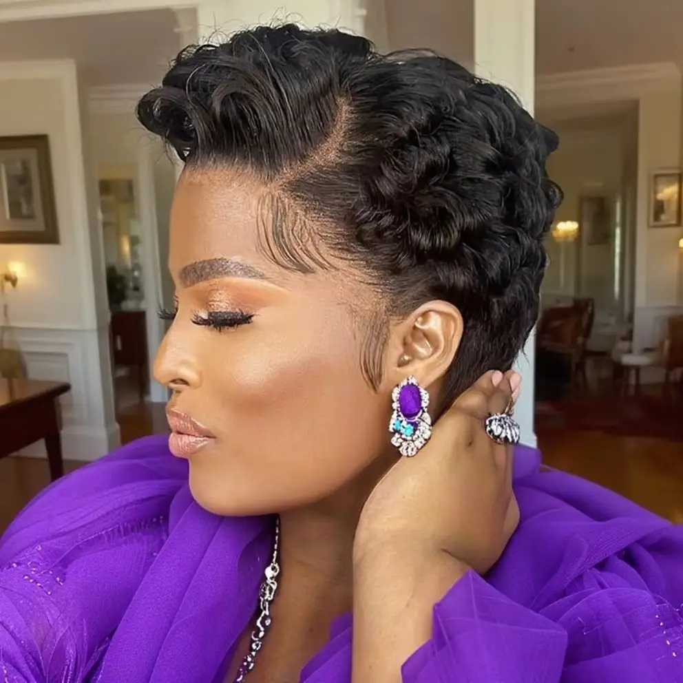 شعر مستعار قصير مجعد مموج بقص عابث بدانتيل أمامي 13 × 4 شعر بشري دانتيل شفاف للمظهر الطبيعي والارتداء اليومي #3