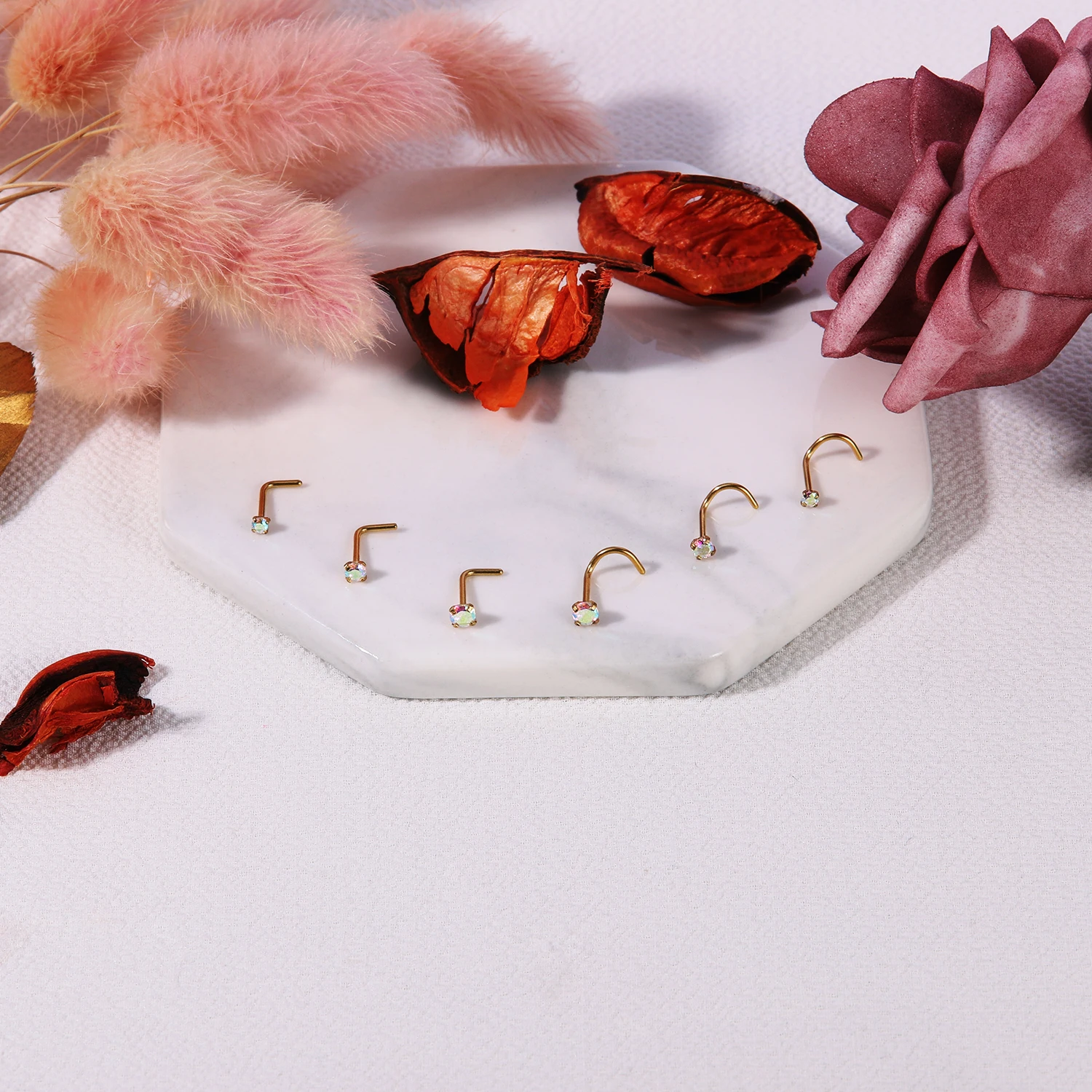 ZS 20G 1PC Gold Plated Nose Piercing Studs Stainless Steel Nostril Jewelry Colorful Zircon Nose Stud Ring Women Body Piercings