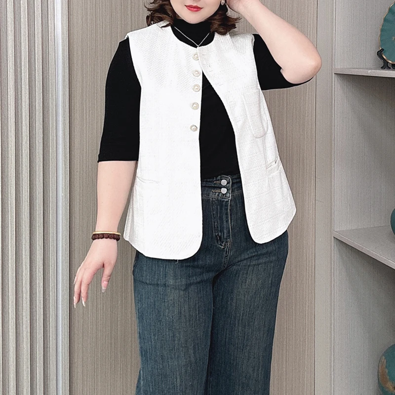 Chic Waistcoat Female Spring/Fall New Plus Size Women Round Neck Loose Thin Tweed Outside Vest Sleeveless Jacket 2421