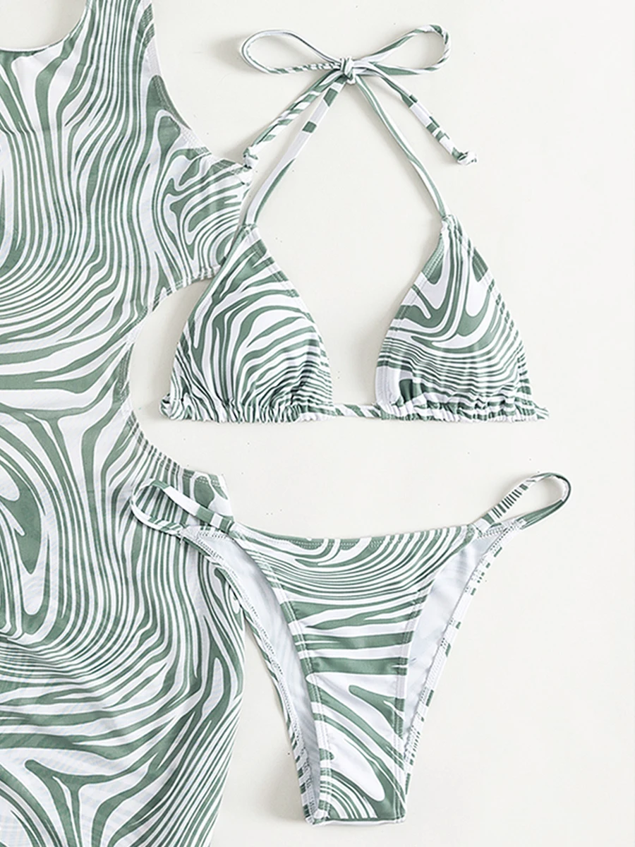 3-teiliger Streifendruck-Halter-Bikini 2023 Badeanzug Damen Cover Up Bademode Damen Cut Out Beachwear Badegäste Baden Badeanzug