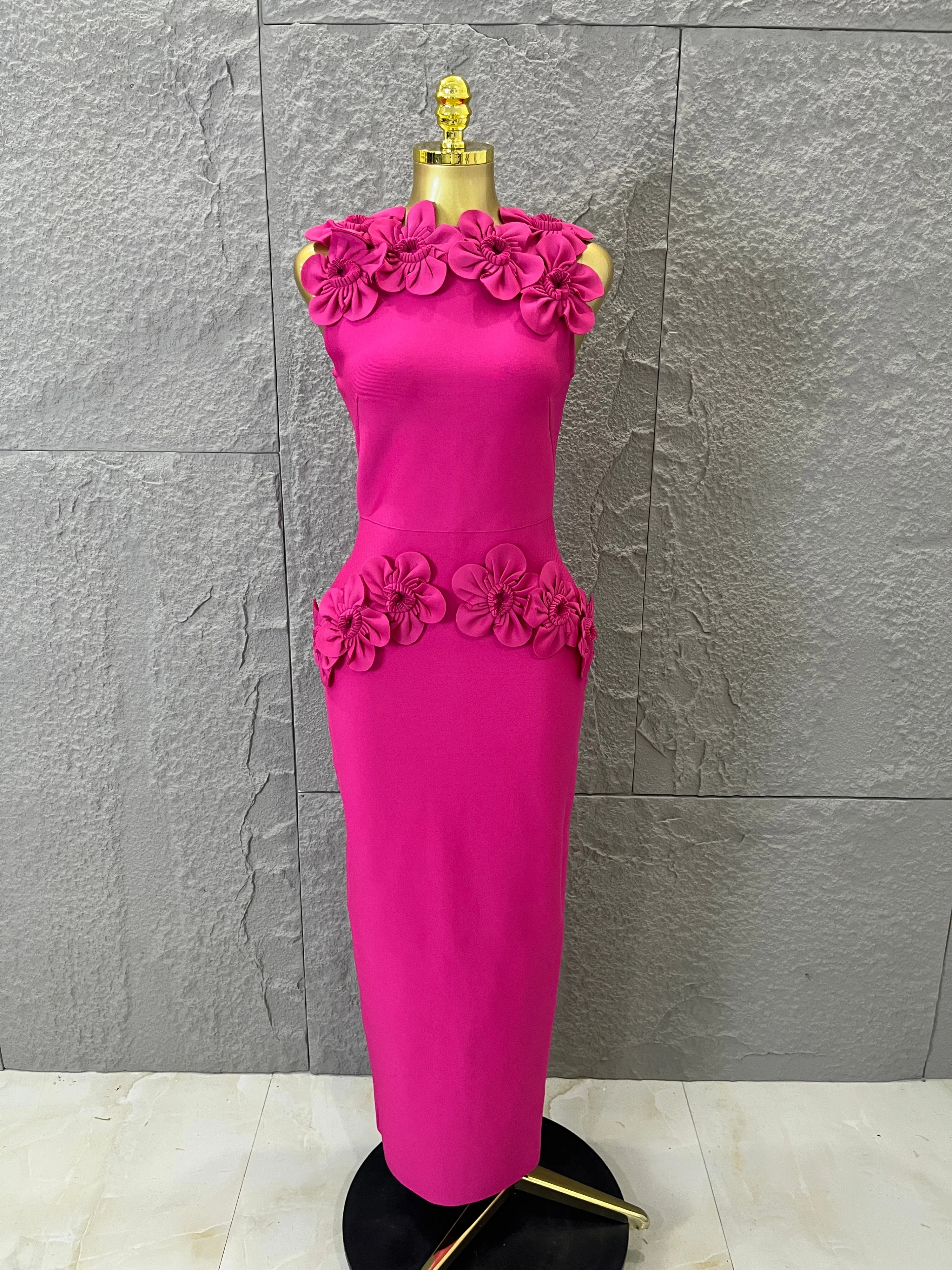 Elegant Glamorous Fuchsia Bodycon Dress with Floral Neckline and Waist Detail Perfect for Weddings, Banquets and Bridal Events