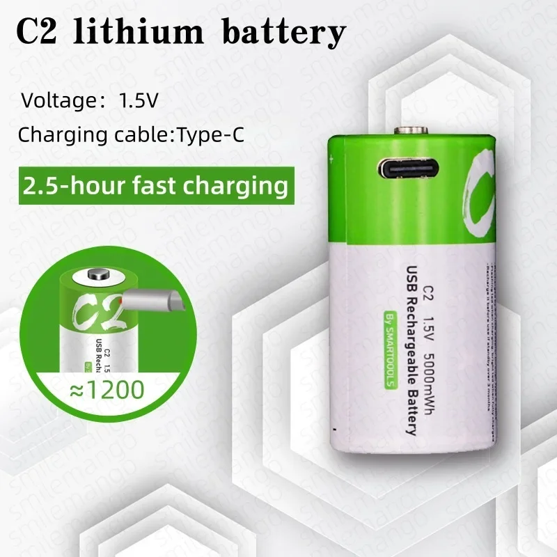 5000mWh C Size LR14/LR20 12000mWh D Size Li-po Rechargeable Battery Type-C Ultra-Fast Charging for Flashlight Gas Cooker