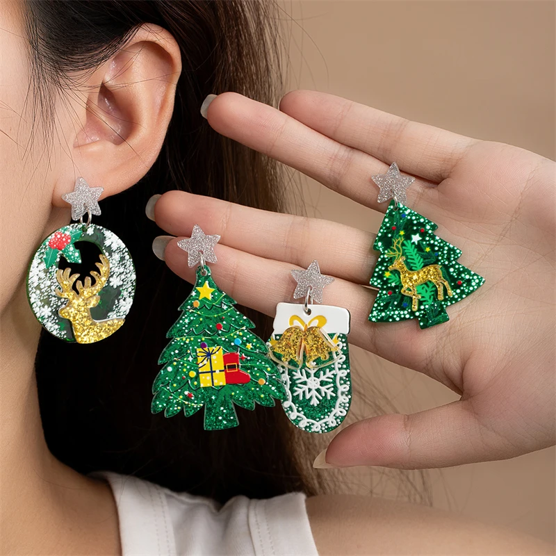 

Fashion Christmas Tree Acrylic Dangle Earrings For Women Elk Snowflake Bells Print Earrings Girls Holiday Party New Year Gifts