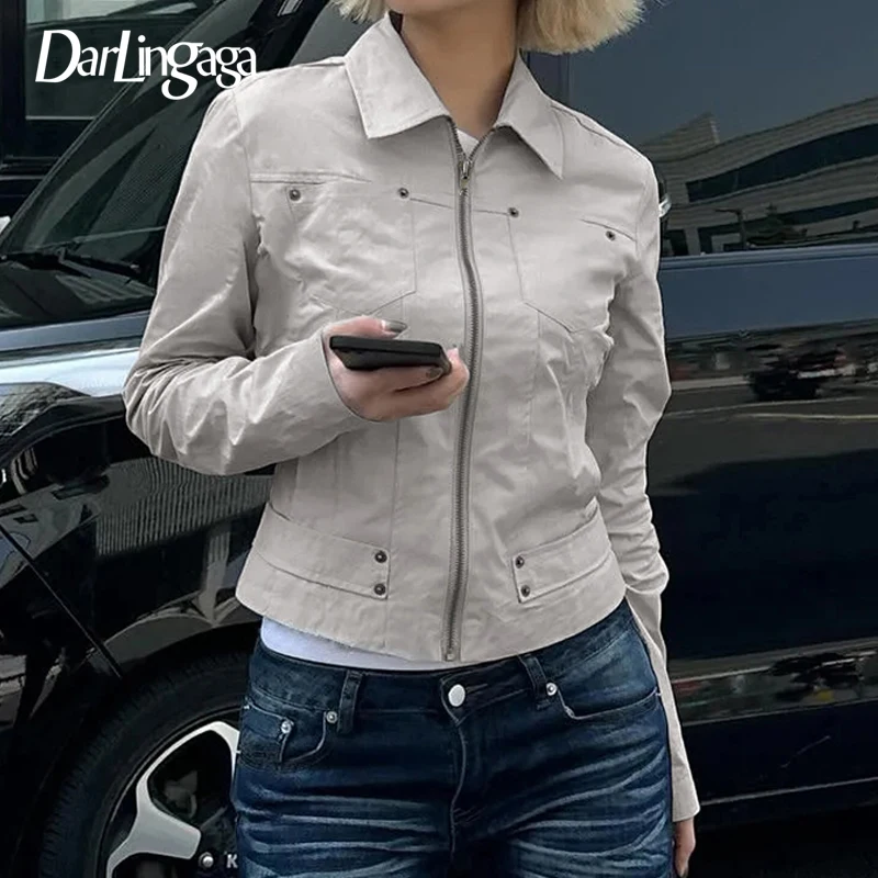 

Darlingaga Harajuku Style Solid Turn-Down Collar Autumn Jacket Women Slim-Fitting Zipper-Fly Streeted Outwear Vintage Cargo Coat