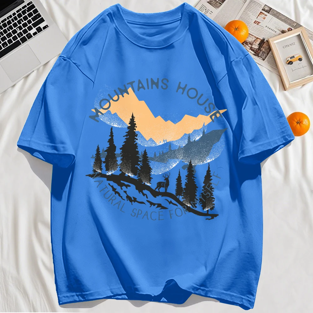 Natürliche Berge Haus Druck Herren T-Shirts Casual Oansatz T Shirt Mode Baumwolle Weiche Kurzarm Lose Sommer Kleidung