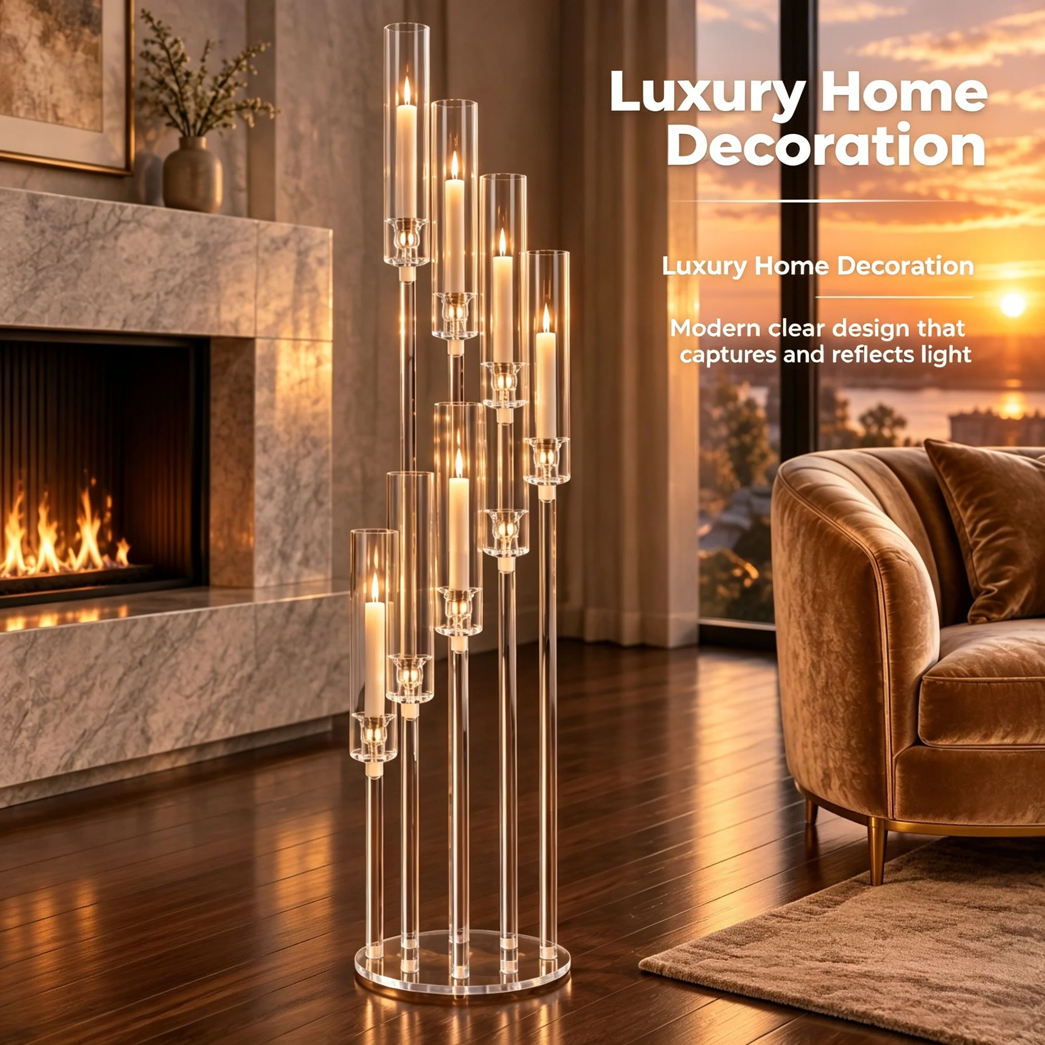 Luxury Clear Acrylic Tiered Candle Holder, 8 Arms Staggered Candelabra, LED Candle Only, Event Dining Room Table Decor