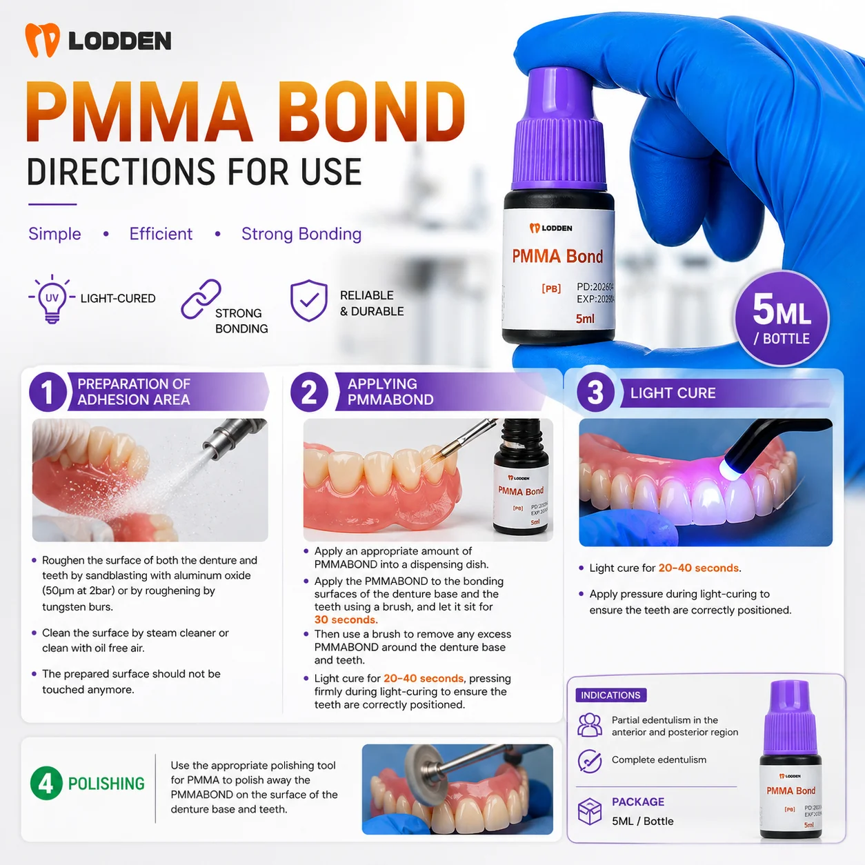 5ML LODDEN Dental Pmma Bond Light-cured PMMA-based Bonding Material for Partial Edentulism for Resin-Based Teeth