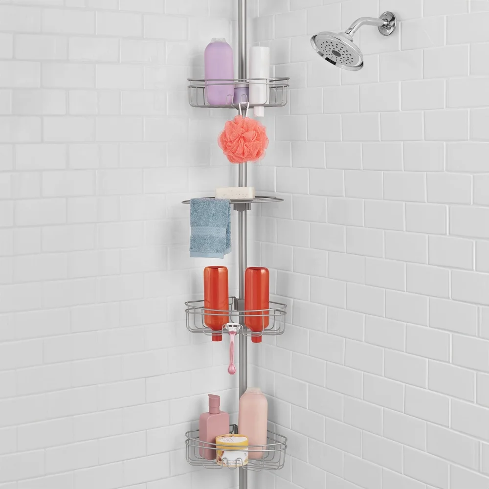 Rust-Resistant Tension Rod Shower Caddy 3 Tier Corner Storage Adjustable 5-8ft with Soap Tray Hooks and Razor Holders
