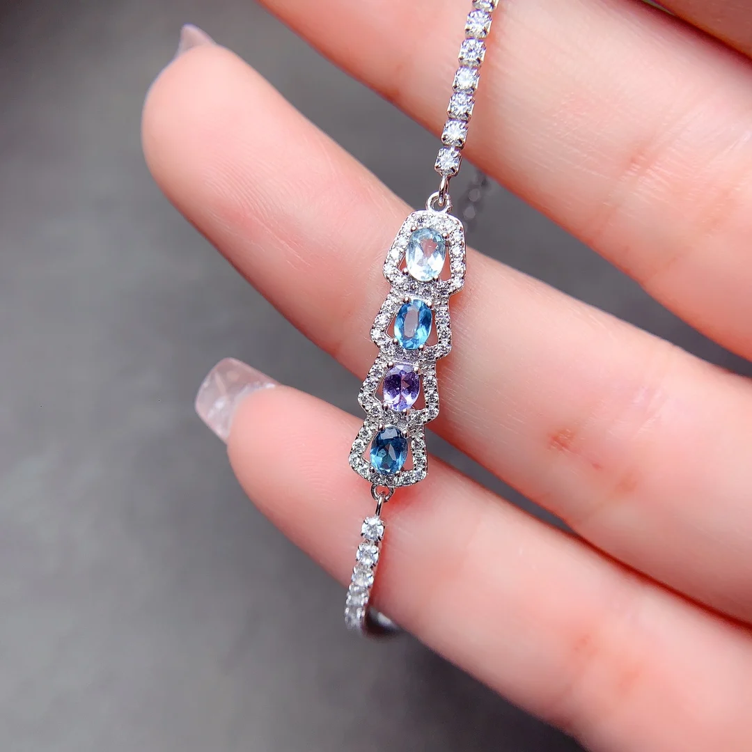 

Natural Gradient Blue Topa Stone Bracelet, 925 Silver certified, 3x4mm gemstone setting, gift for girls, free shipping