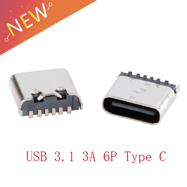 10 szt./5 szt. Złącze USB TYPE-C 6PIN Pionowe z Naklejką 6,8MM 180 Stopni Szybkie USB-3.1 3A Gniazdo Żeńskie do Transferu Danych