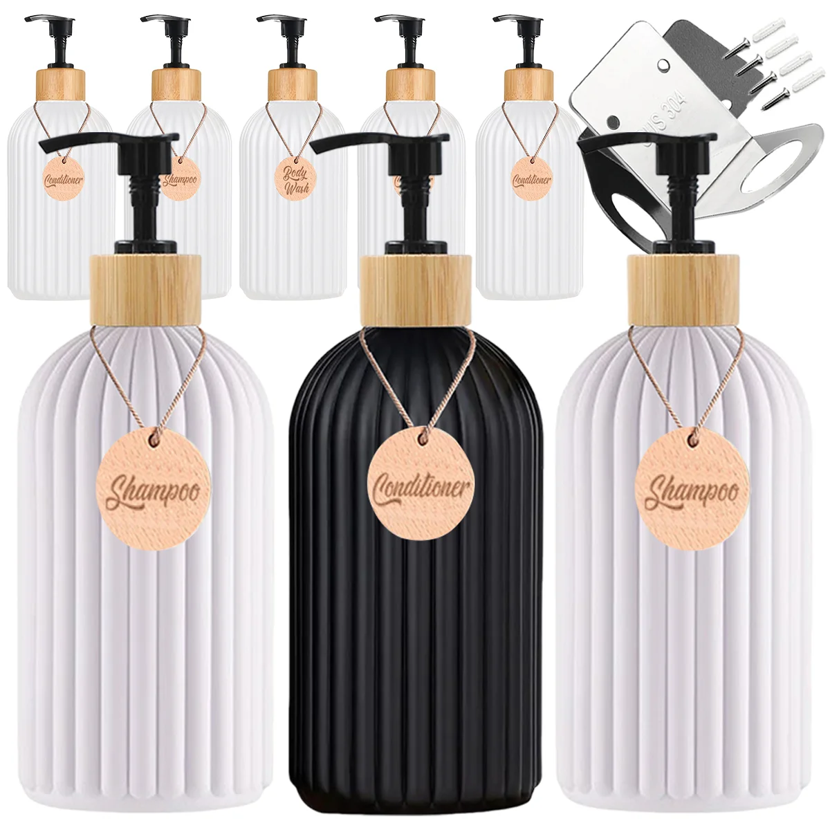 Matte Black Soap Dispenser Bottle for Shower Wall Refillable Shampoo Conditioner Bodywash Bottle with Wooden Tag