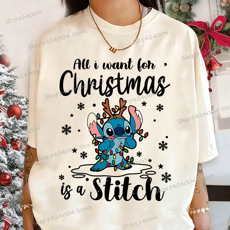 الكرتون غرزة عيد الميلاد تي شيرت الرجال النساء الجمالية مهرجان الهدايا تي شيرت أنيمي شخصية عيد ميلاد سعيد عيد الميلاد الملابس الهدايا