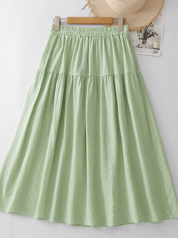 

Green Striped Color Woven Cotton Skirt Women's Mid-Length A-Line Skirt Summer Design Full Swing Large Size Casual Wear
