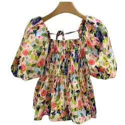 Korean Sweet Flower Print Elastic Lace Up Tops puff Sleeve Off Shoulder Cotton Shirt Fashion Street Square Neck blouse  bluz