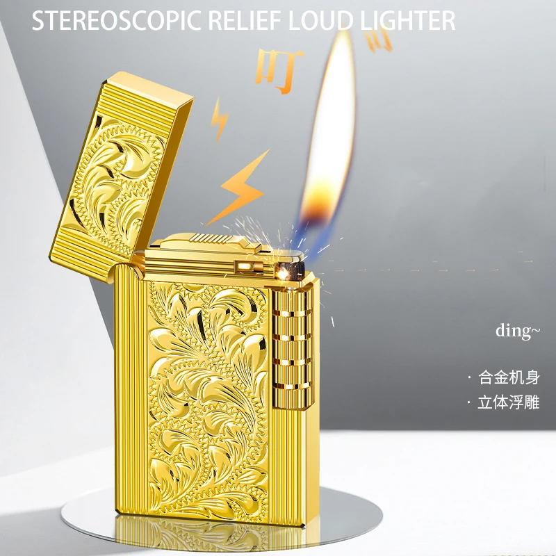 DK-885 Langsheng Steel Sound Side Sliding Grinding Wheel Inflatable Oblique Fire Lighter Rich Flower Relief Pattern Gift Lighter