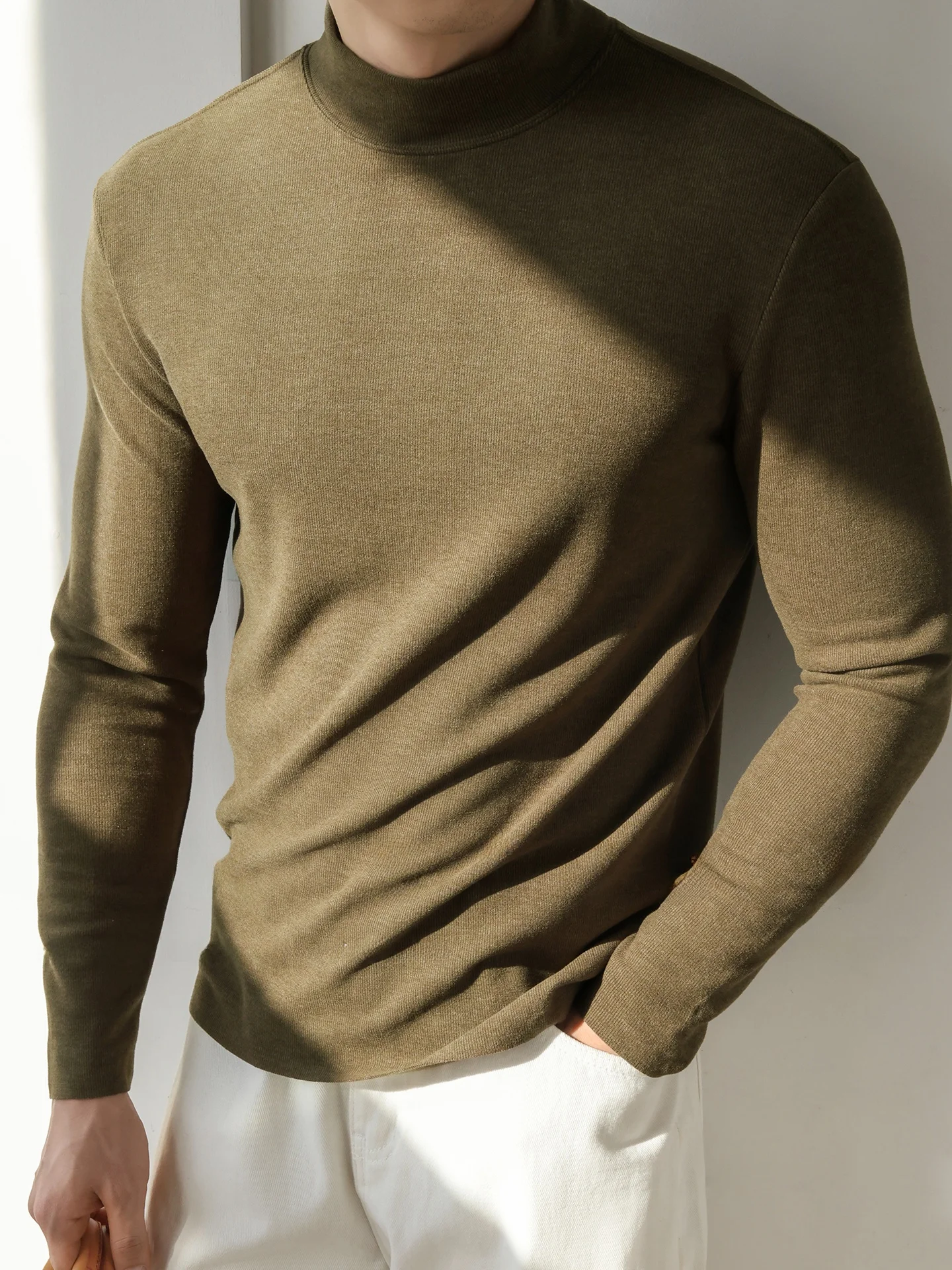 Soft Touch Double Sided Brushed Velvet Long Sleeve T-Shirt Heavyweight Half High Collar Men's Fashion Comfortable Skin-Friend...