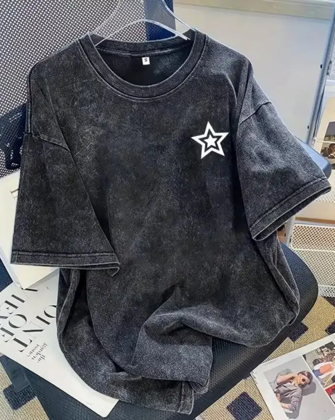 Y2K Star Graphic T Shirt Men Vintage Acid Wash Oversized Tee Streetwear Harajuku Heavyweight Cotton Loose Casual Top 2026