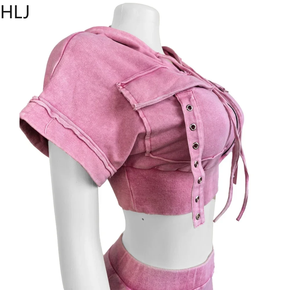 HLJ Fashion Pocket Cargo Hooded Two Piece Sets For Women Zip Slim Crop Top And Mini Skirts Outfits Female Washed 2pcs Streetwear