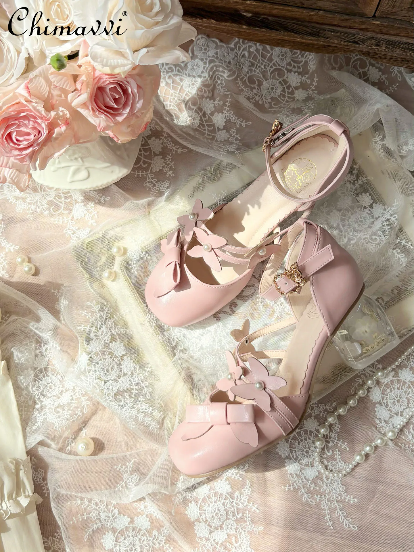 Sandalias de tacón alto originales Lolita 2025, novedad de verano, estilo francés, tacón transparente, zapatos Mary Jane para chica dulce, zapatos de tacón para mujer