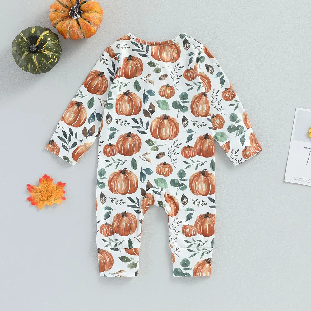 2024 Halloween Bodysuit for Newborn Pumpkin All Over Print Long Sleeve zipper Romper Baby costume