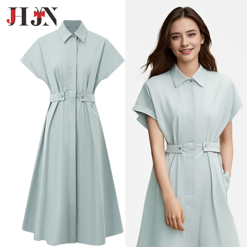 Short-Sleeved Dress summer New Style Simple Niche Solid Colour A-Line Skirt Women Loose Large Size Cotton Lapel Long Dresses