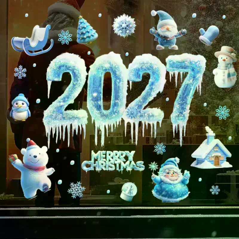 2027 New Year Christmas Window Stickers Double Sided: Same Color Ice Snowflake Design Home Holiday Party Decoration