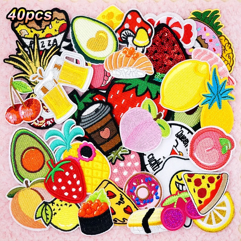 40Pcs/Lot Strawberry Pizza Patches Embroidered Applique Clothes Iron on Patch for Clothing Decorate Repair Modification Sticker