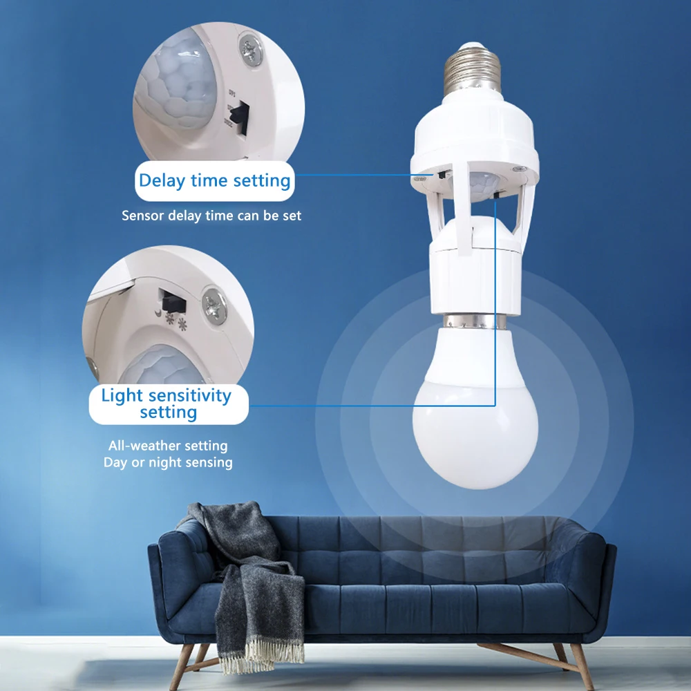 Motion Sensor ฐานโคมไฟ LED E27 SOCKET Converter AC100-240V ผู้ถือหลอดไฟอะแดปเตอร์สวิทช์ปรับ PIR Human Induction
