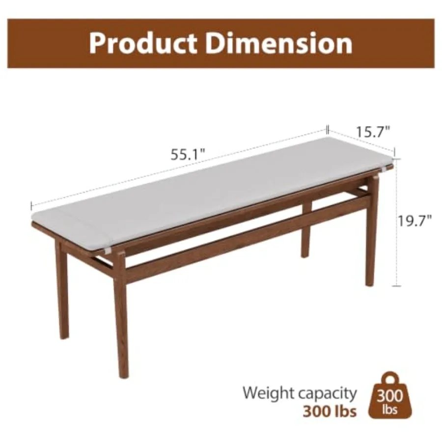 Solid Wood Dining Bench 55'' Mid Century Modern Upholstered Bench in Walnut Finish Versatile Indoor Seating for Entryway, Bedro