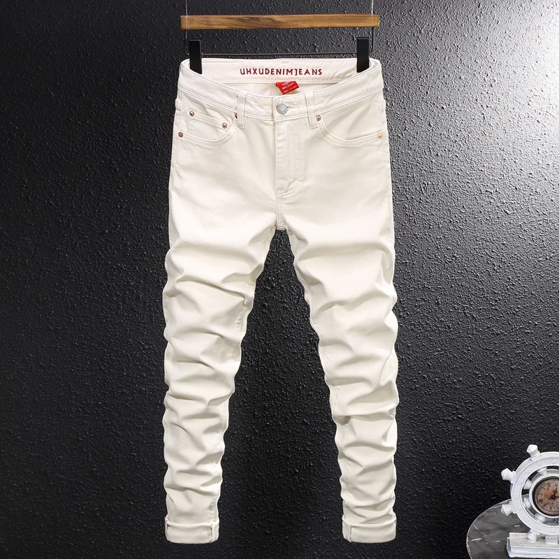 

Y2K Designer Fashion Men Jeans High Quality Beige Stretch Slim Fit Ripped Jeans Men Embroidery Vintage Casual Denim Pants Hombre