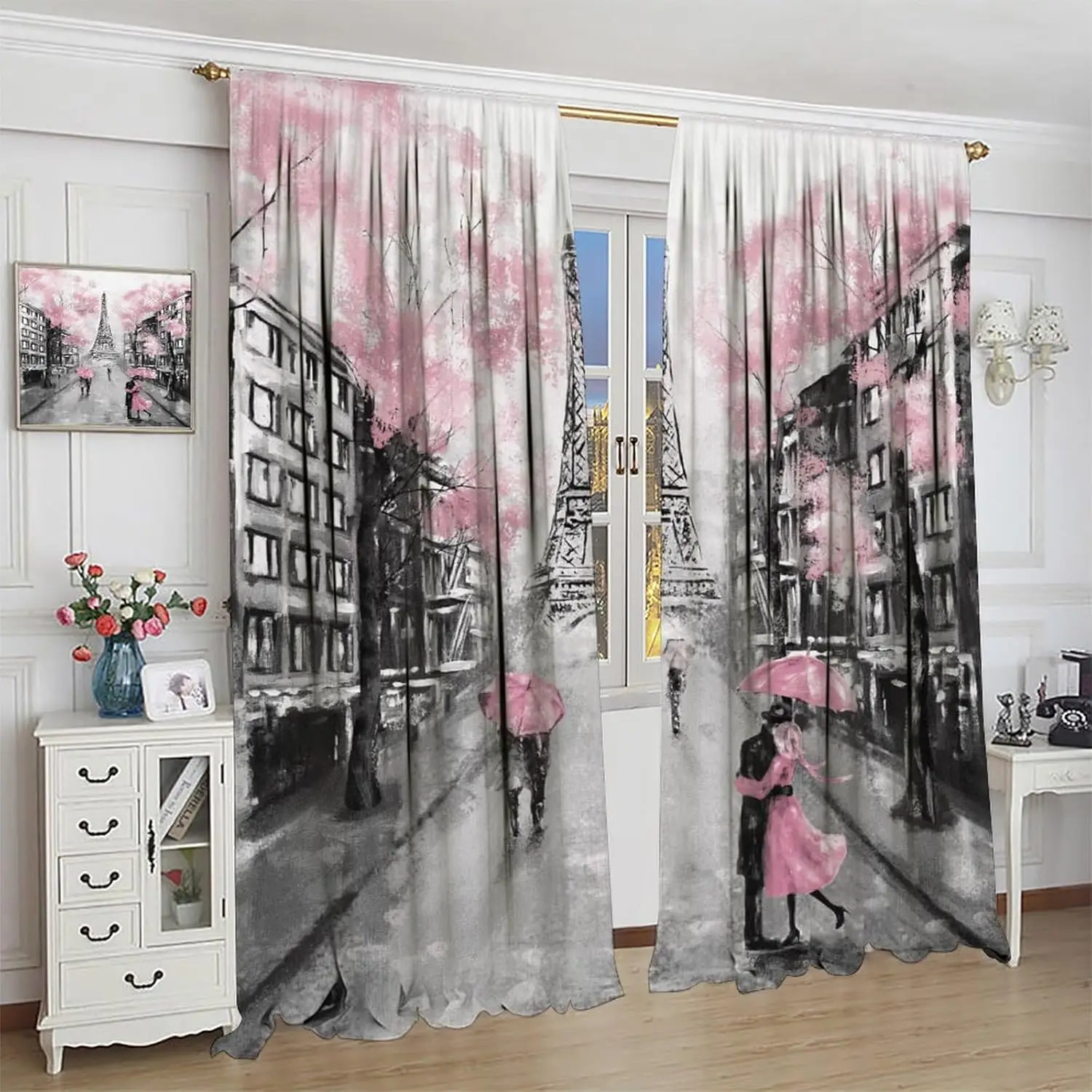 Eiffel Tower Curtain, Oil Painting Style Pink Paris Tower Couple Pattern Window Treatments 2 Panels Drapes for Bedroom Living