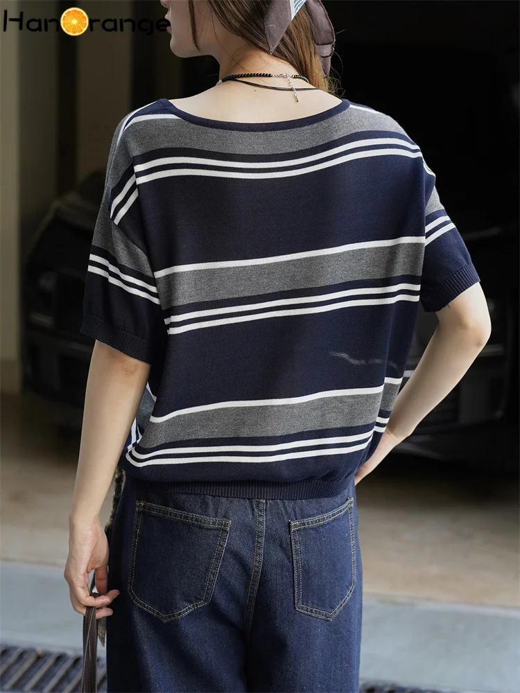 HanOrange 2026 Early Spring Contrasting Striped lyocell Knitted Short Sleeved T-shirt Women Top Tees Grey/Navy Blue